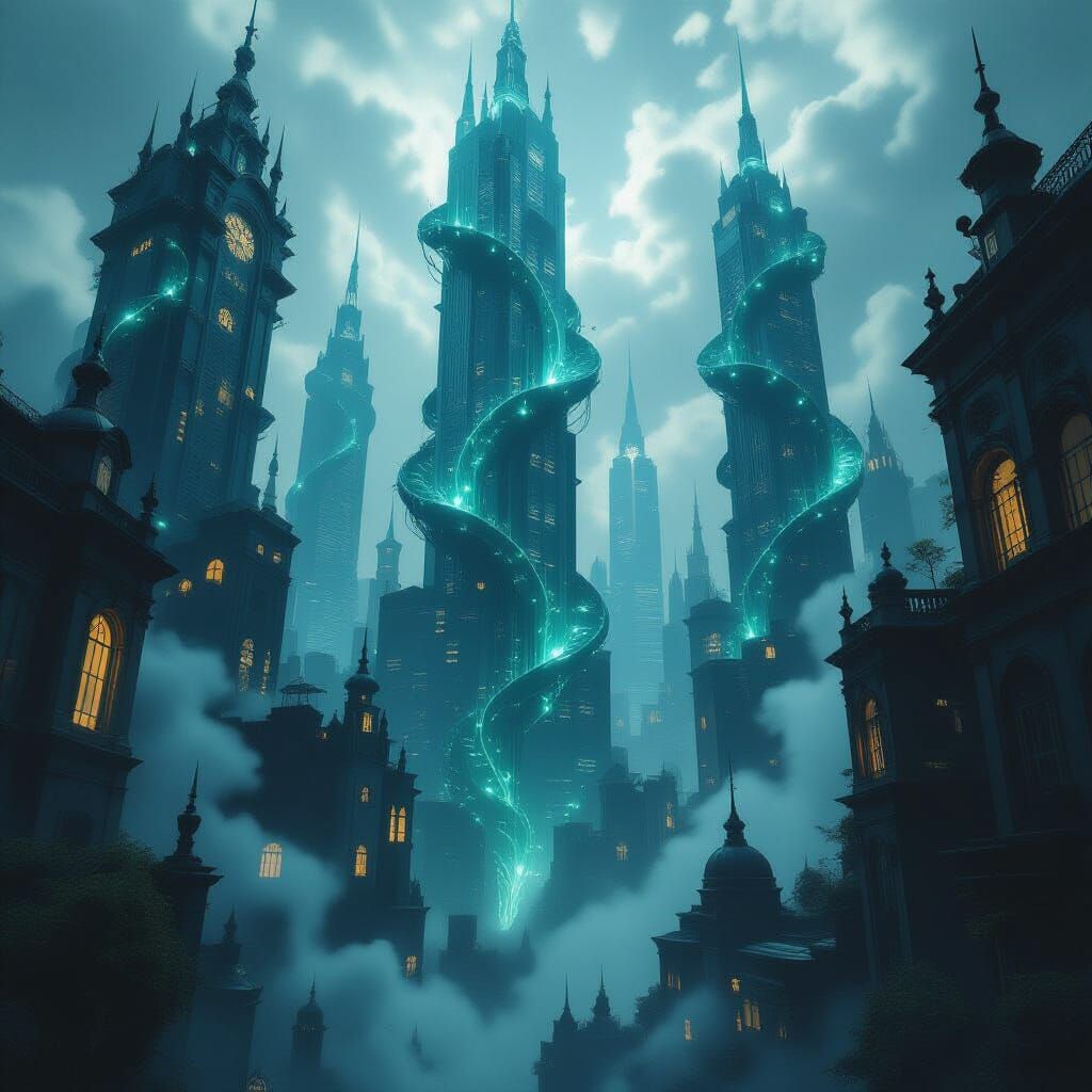 Surreal Cityscape of Twisting Skyscrapers and Ethereal Vines