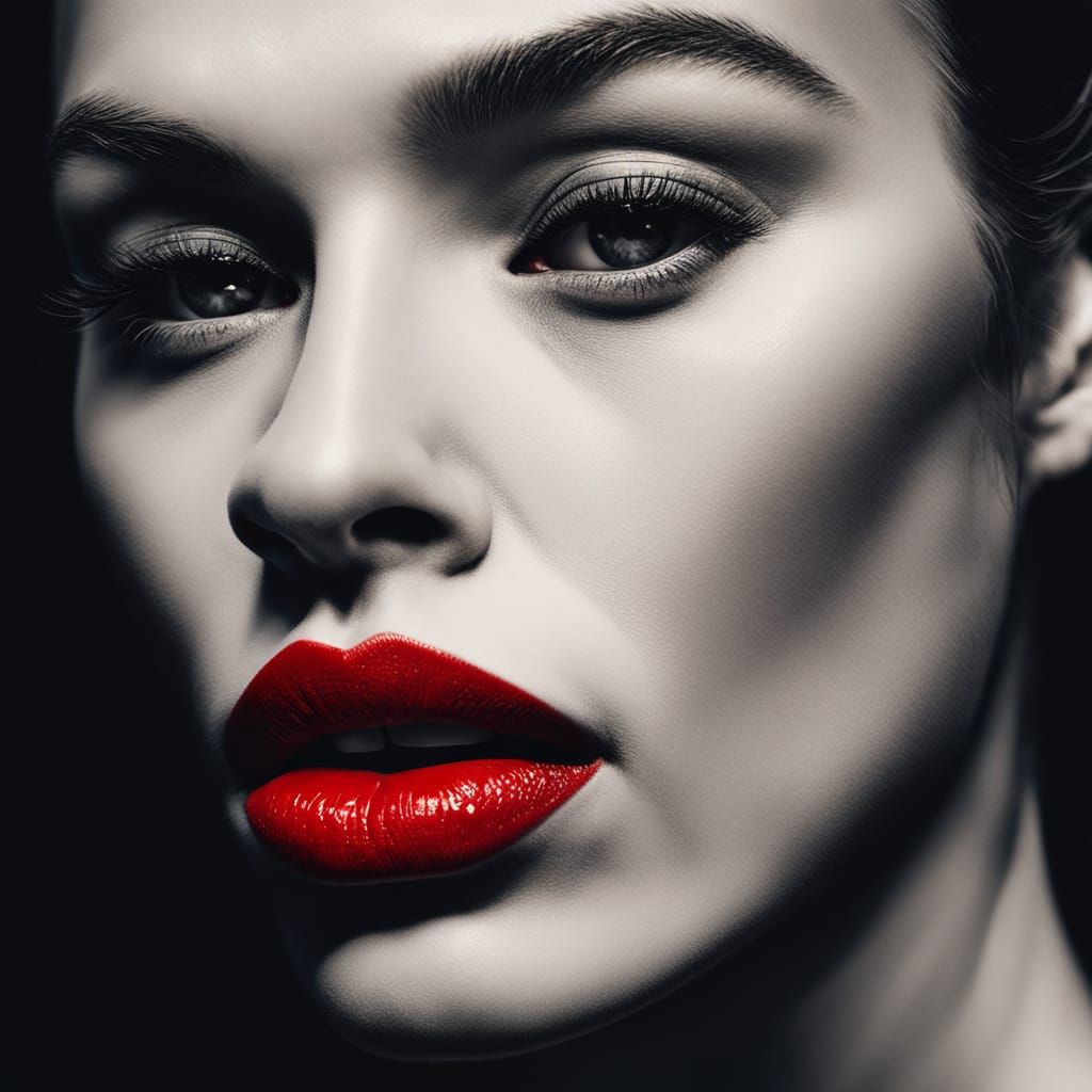 Luxurious Red Lips on a Black Background in High-Fashion Sty...
