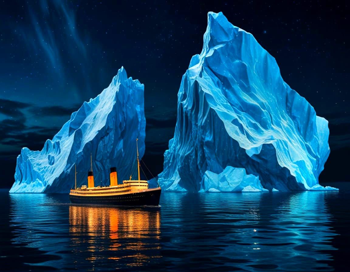 Blue Iceberg Reflects Titanic at Night