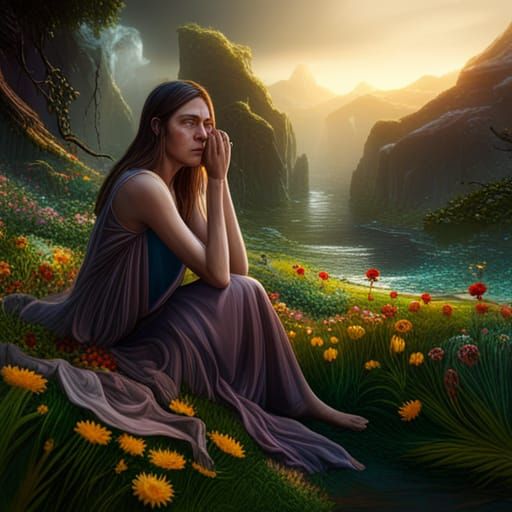 Sad Woman Crying Among Flowers: Fantasy Concept Art