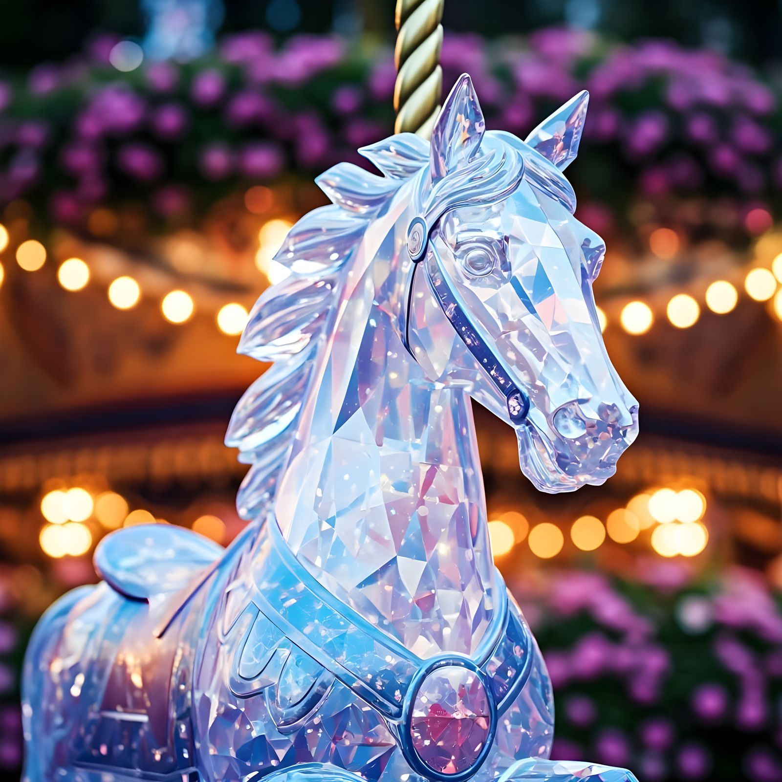 Ethereal Crystal Carousel Horse Under Moonlit Garden
