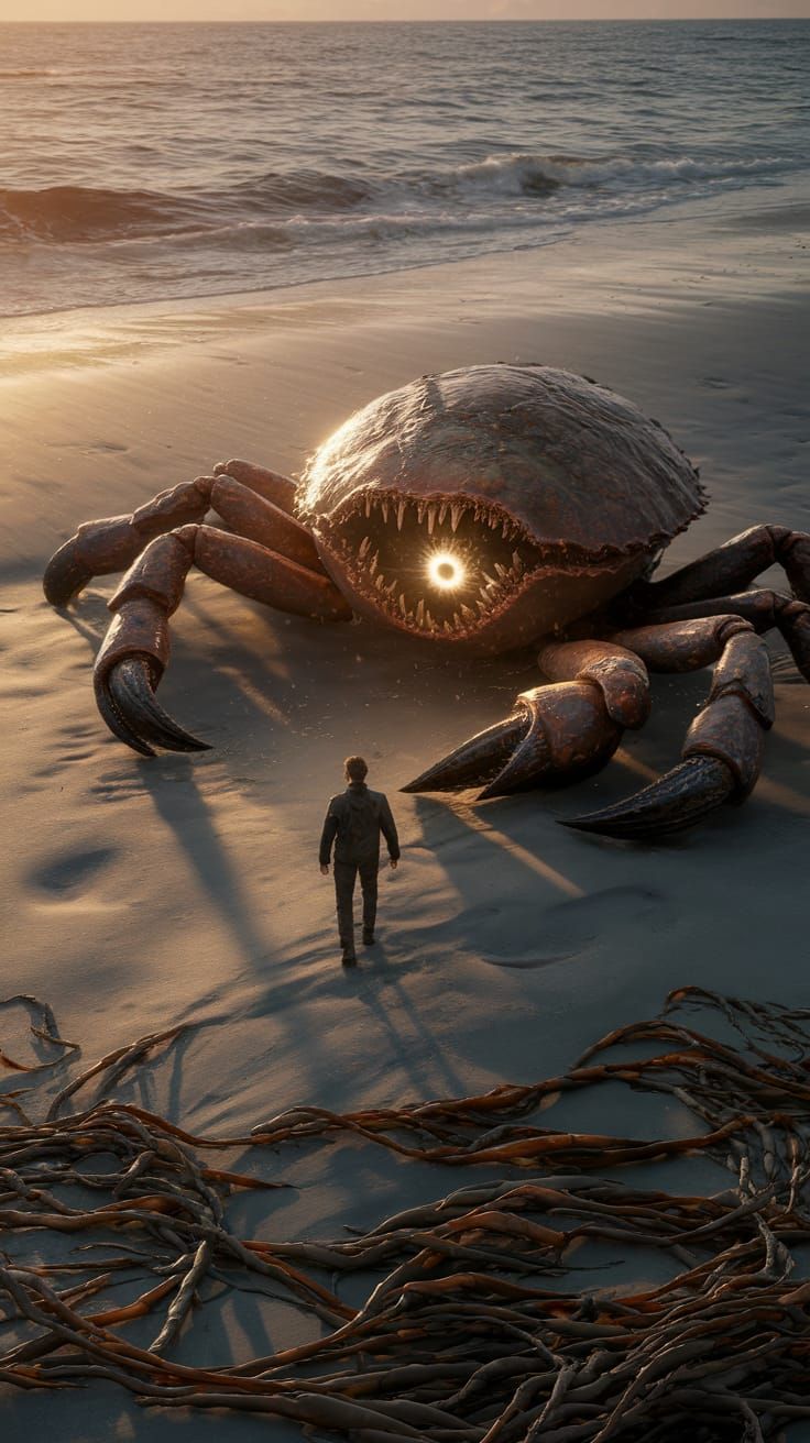 Low tide at dusk. A lone human walks toward a massive, ancie...