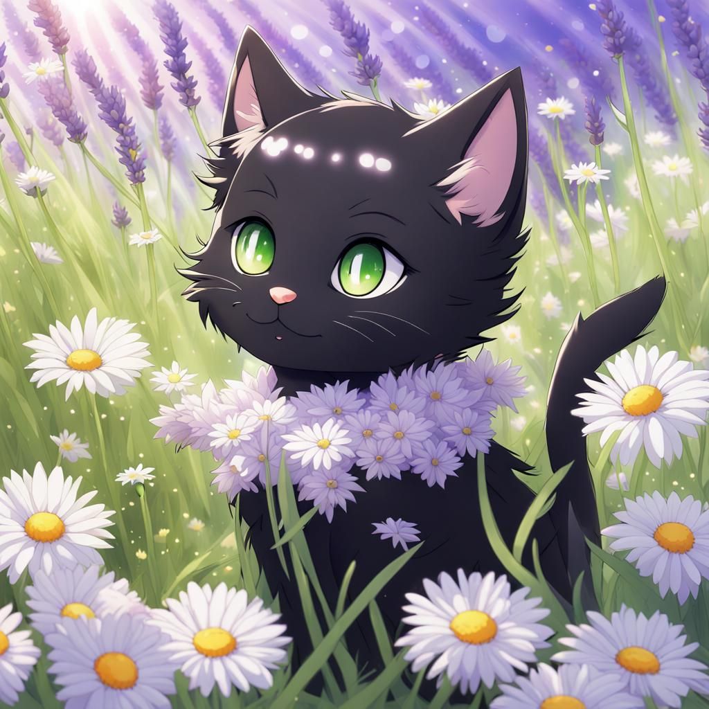 Black Kitten with Green Eyes in Anime Style