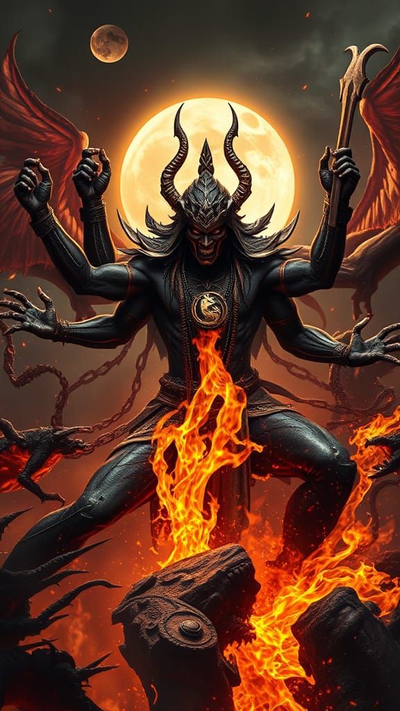 Shiva Battles Under the Glowing Moon in a Vibrant, Surreal L...