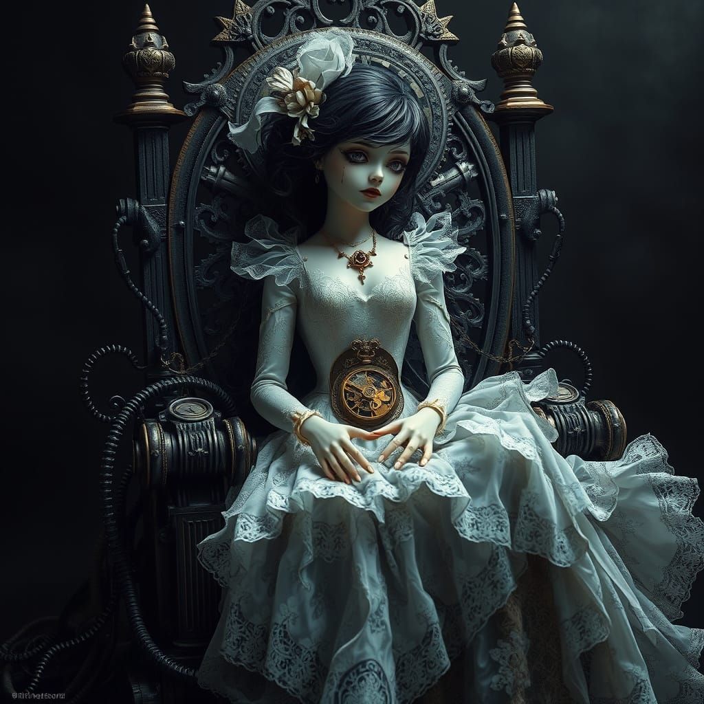 Clockwork Doll on Gear Throne in Gothic Realism