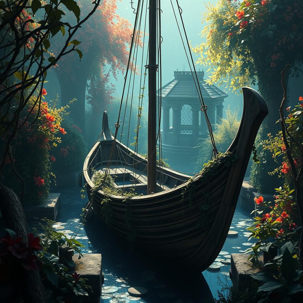 Mystical Sailboat in Overgrown Garden Digital Art