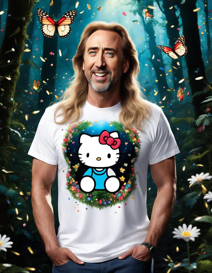 Long-haired Nicolas Cage in the fantasy forest with confetti