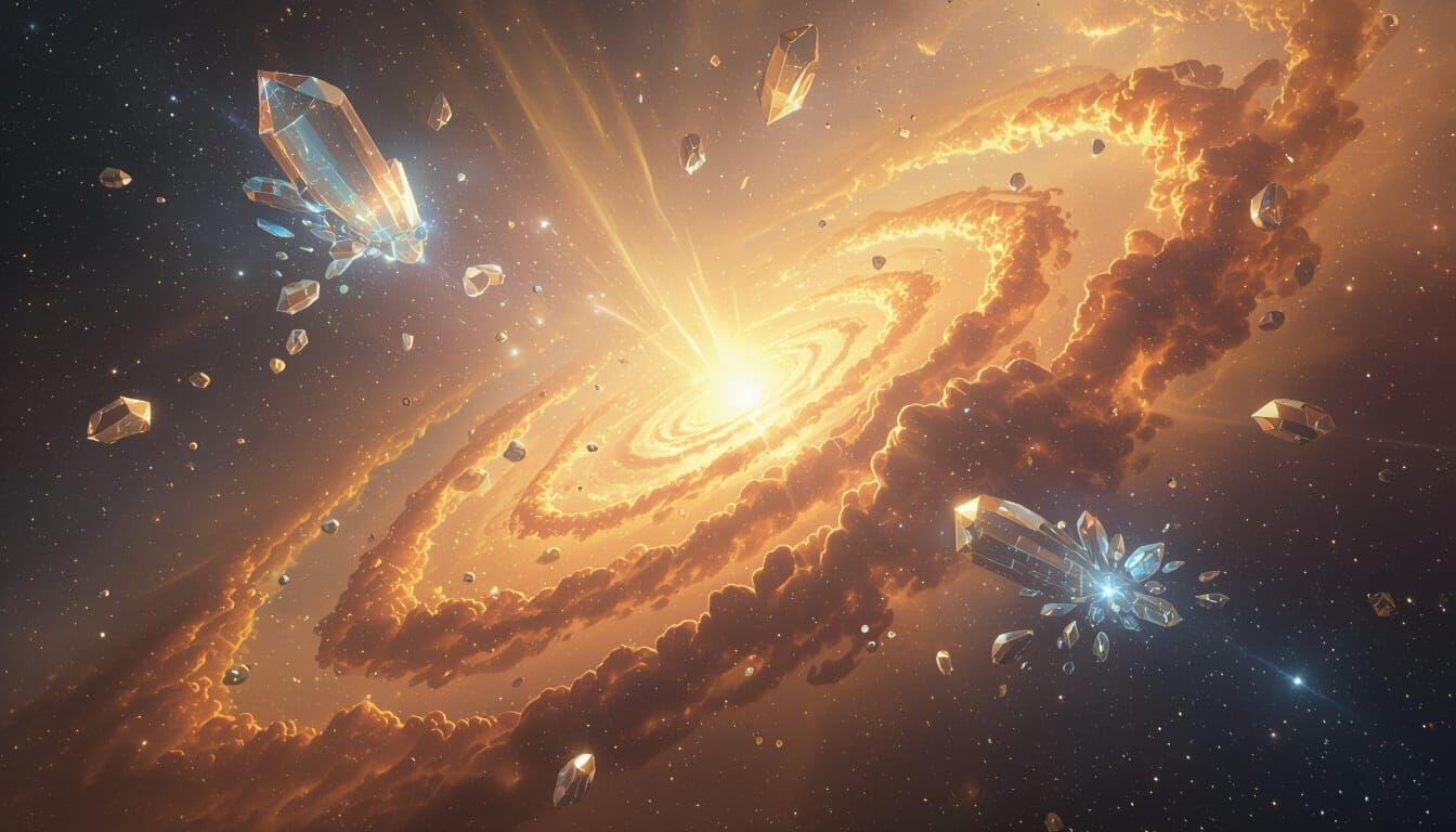 Radiant Nebula with Exploding Crystals and Golden Stars