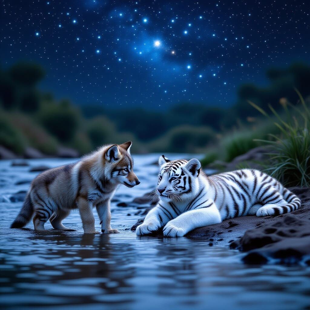 Wolf Pup and Tiger Cub Under Starlit Sky