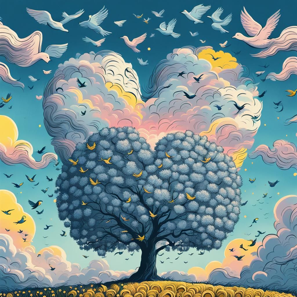 Heart Tree in Van Gogh-Inspired Line Art