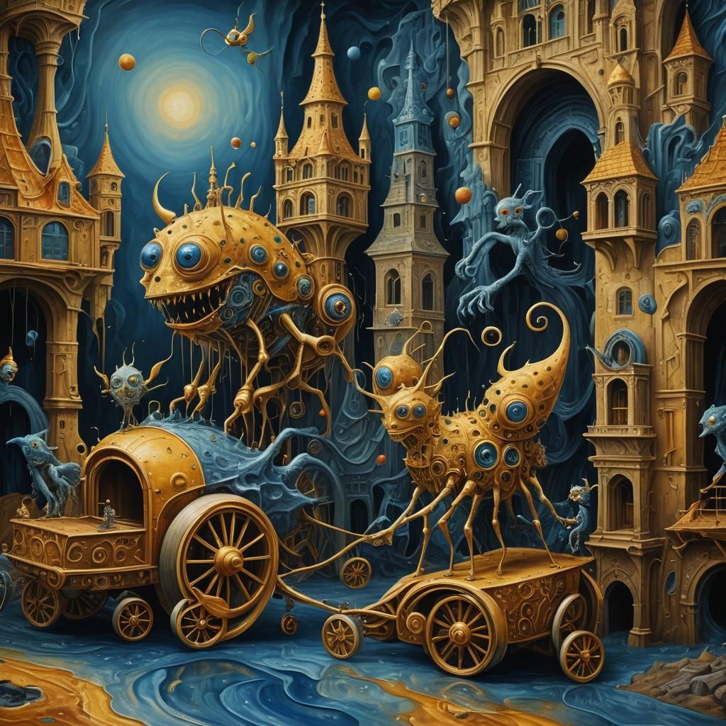 Surreal Wheeled Performers in Oil Painting Style