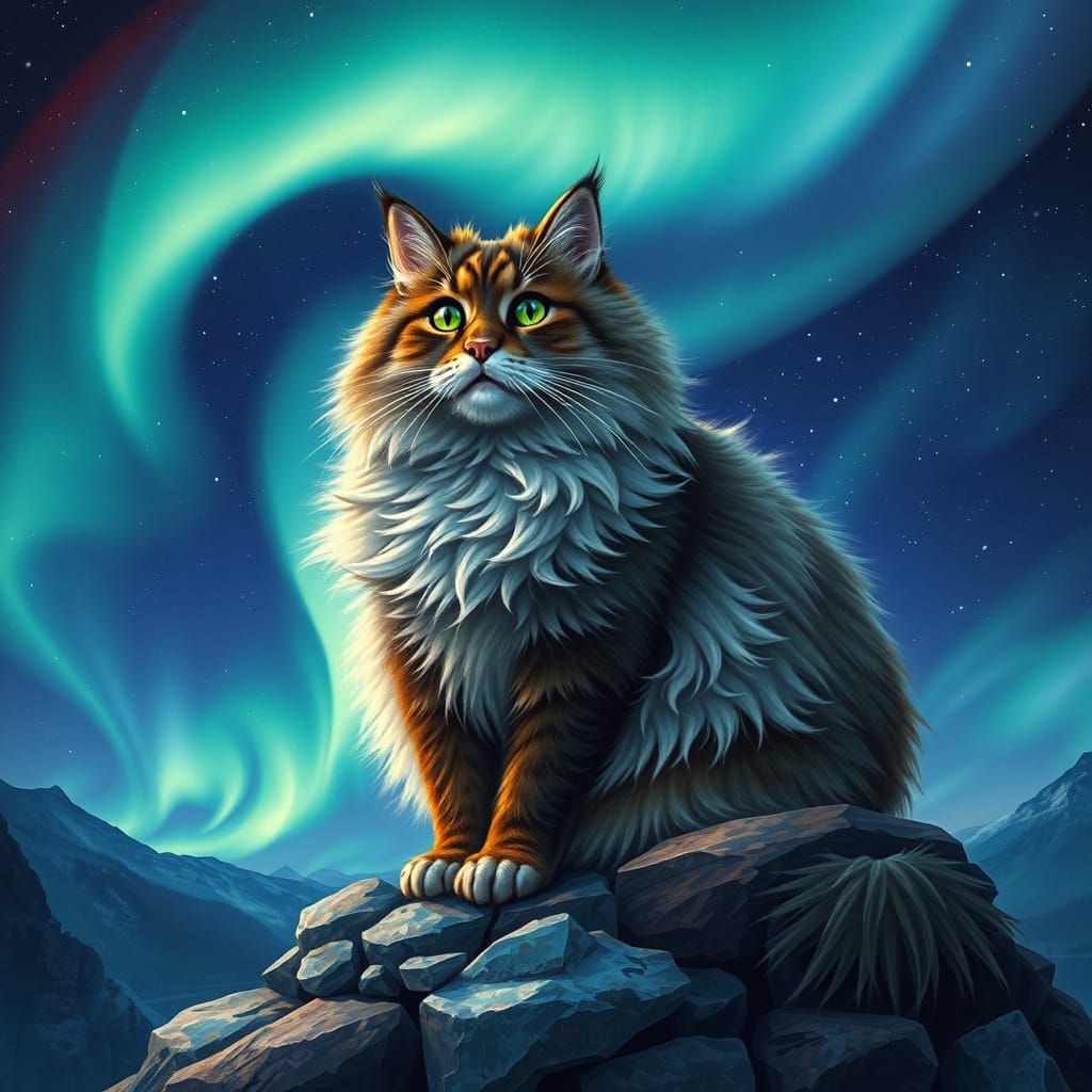 Majestic Norwegian Forest Cat Gazing at Northern Lights