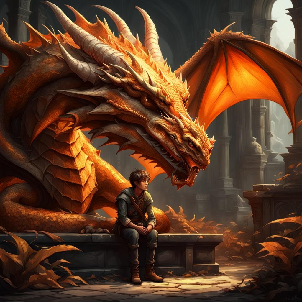 Boy and Dragon Embrace: Dark Fantasy Concept Art
