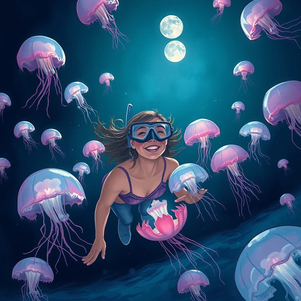 Dreamy Nighttime Ocean Scene with Snorkeler and Jellyfish