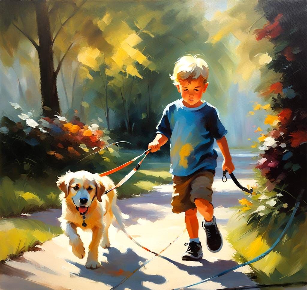 Boy and Puppy in Park, Impasto Oil Painting
