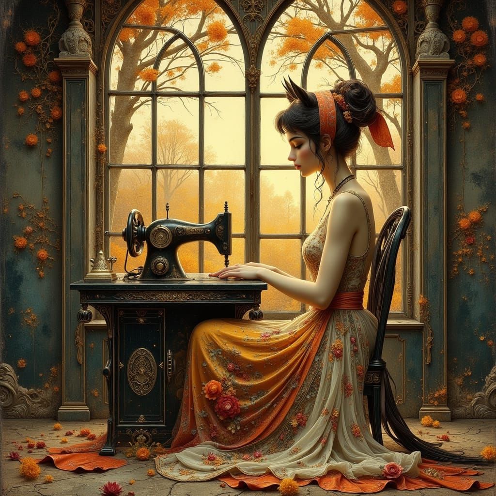 Art Nouveau Punk Woman Sewing a Dress