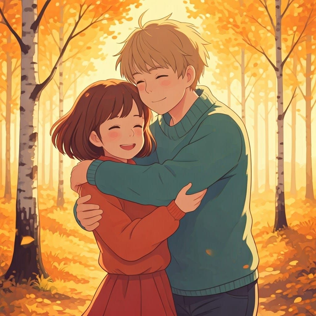 Romantic Autumn Embrace in Ghibli Style