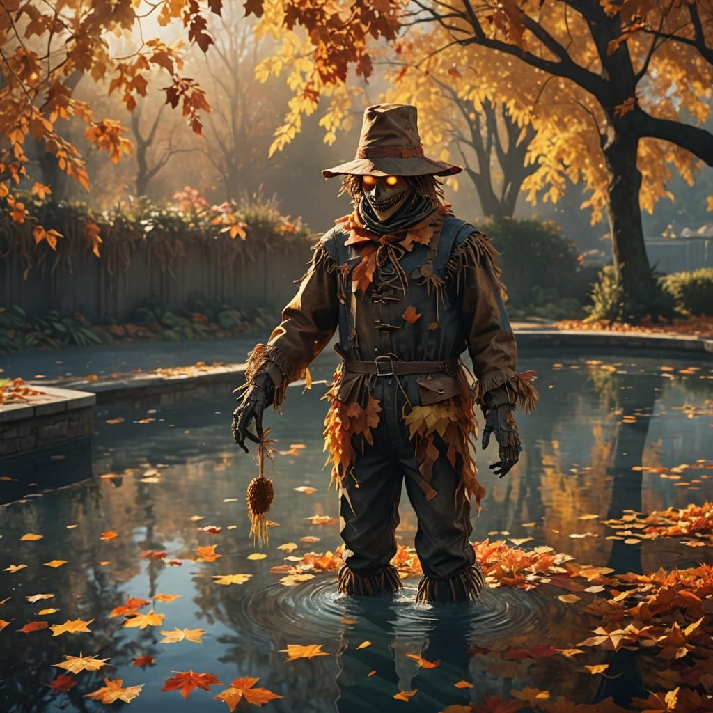 Autumn Scarecrow in Pool of Leaves: Digital Art