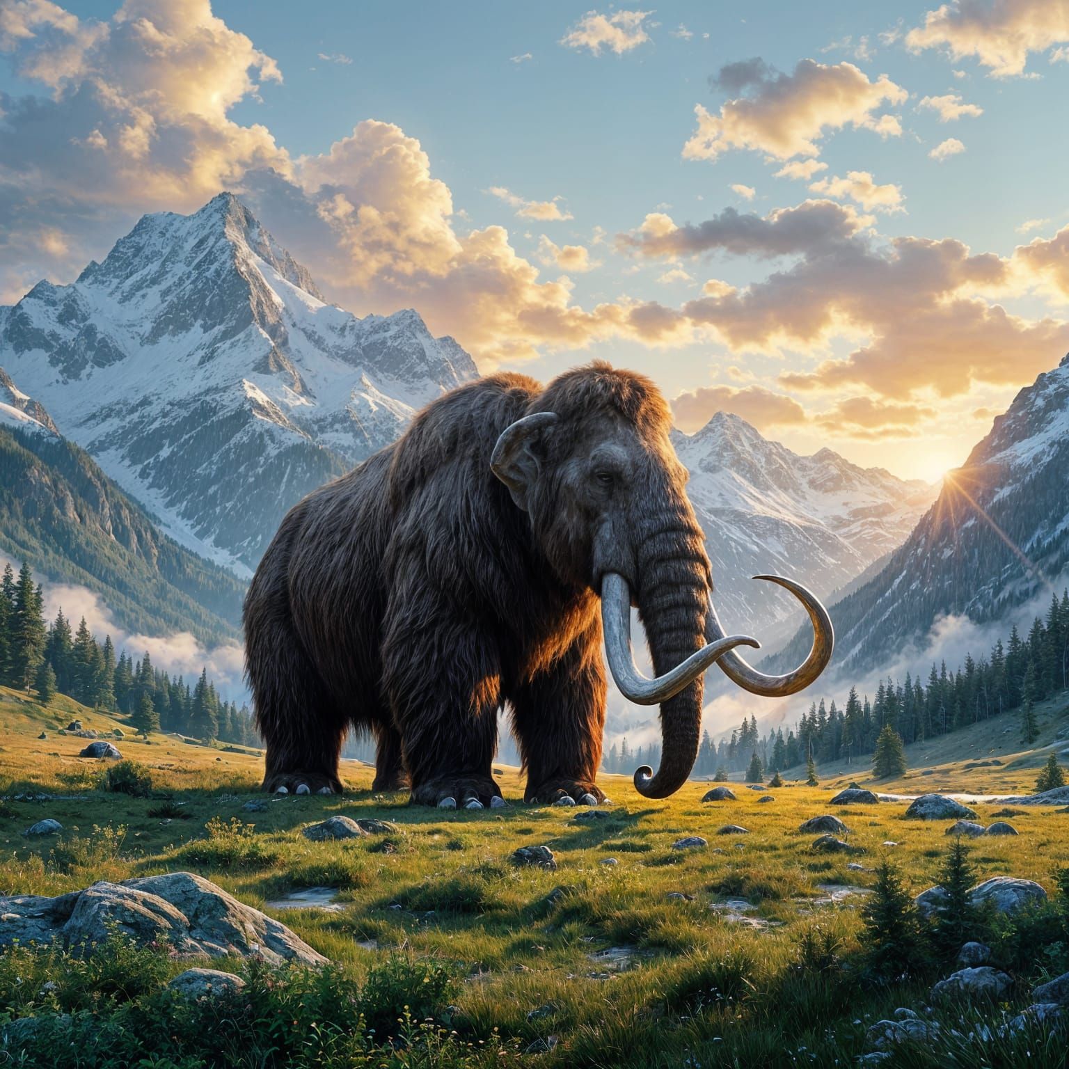 Woolly Mammoth in Lush Valley as Digital Matte Painting