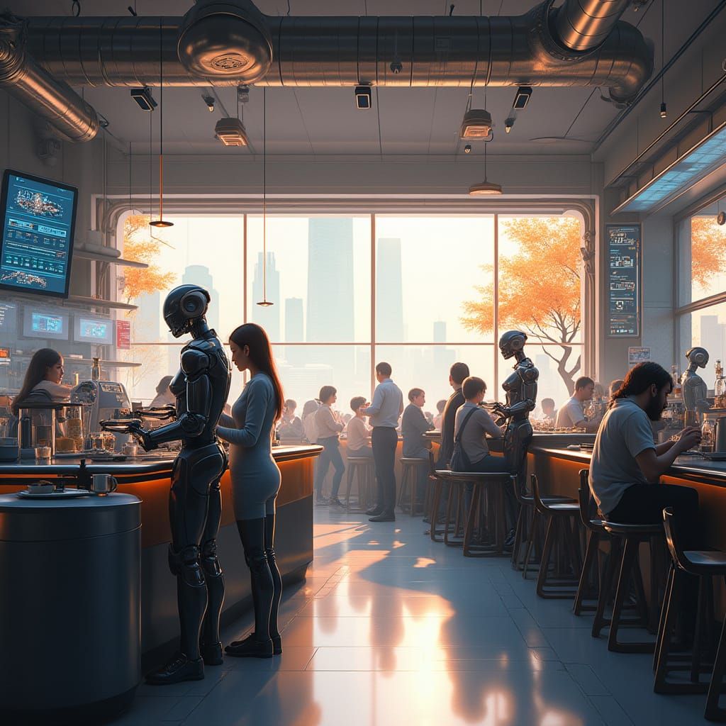 Futuristic Café in Cyberpunk Cityscape with Robots and Holog...