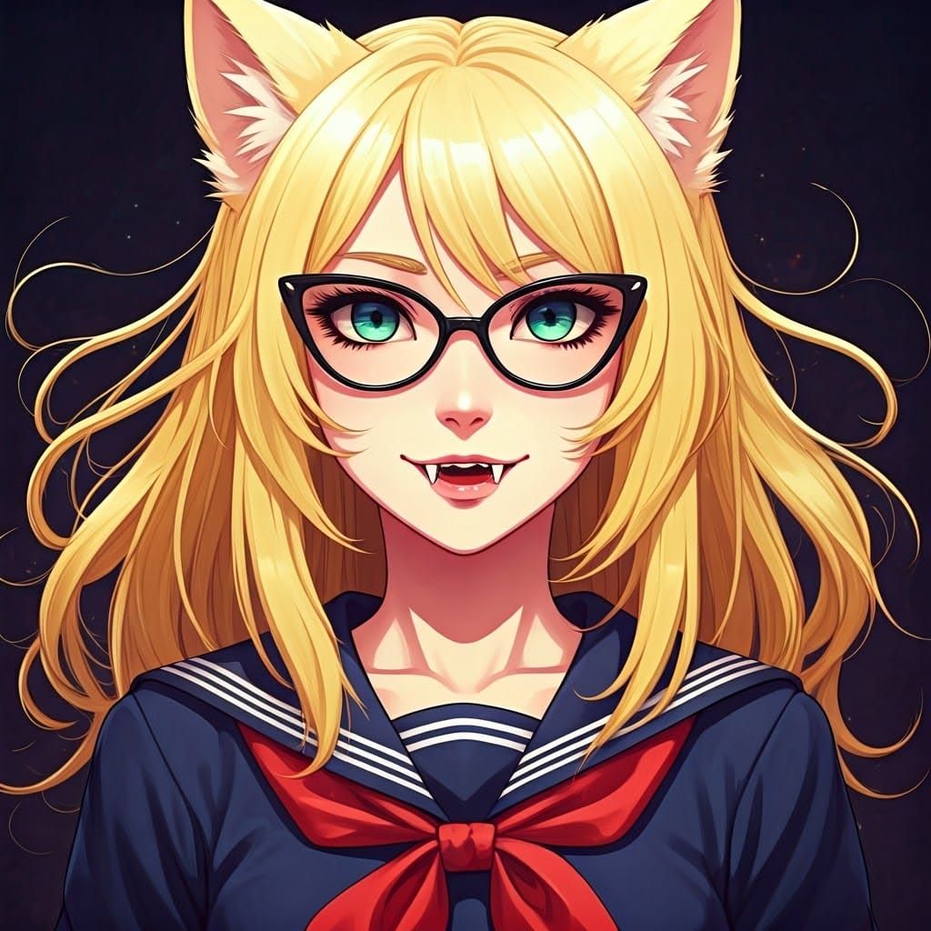 Sailor Neko Girl Peers Over Reading Glasses in Anime-Inspire...