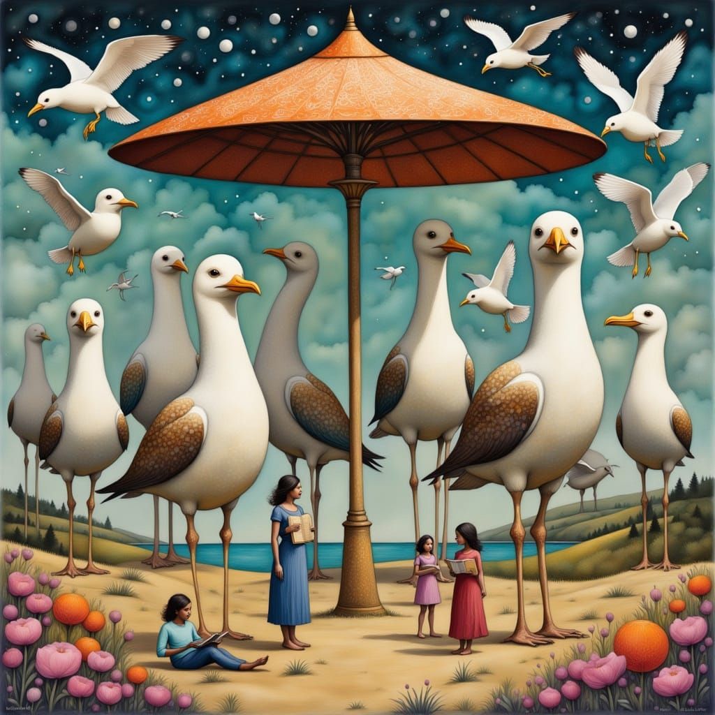 Seagulls Under Vibrant Square Umbrella in Dürer-Inspired Art