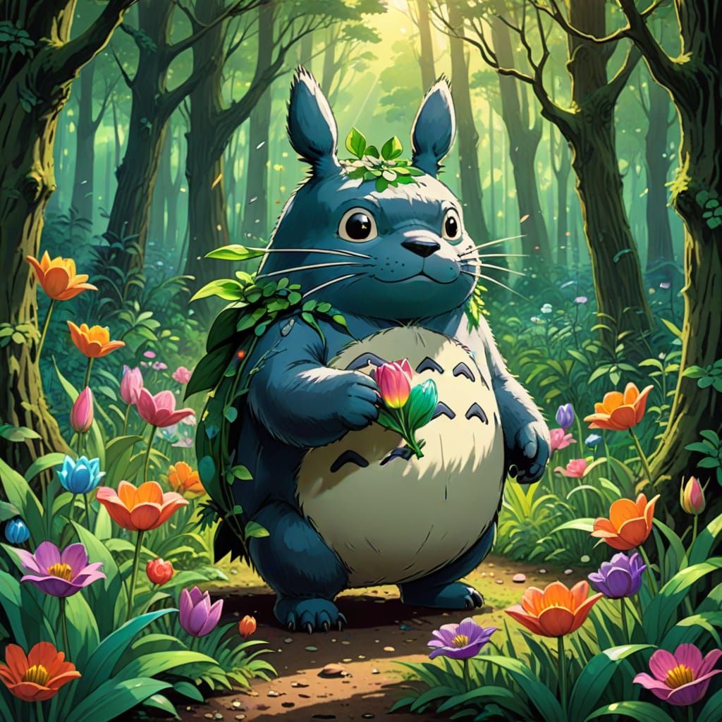 Whimsical Anime Forest Scene with Totoro and Glowing Iridesc...