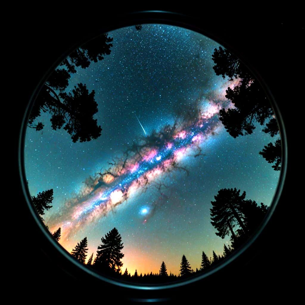 First-person perspective looking through a telescope lens, with the edges of the telescope’s eyepiece slightly blurred t...