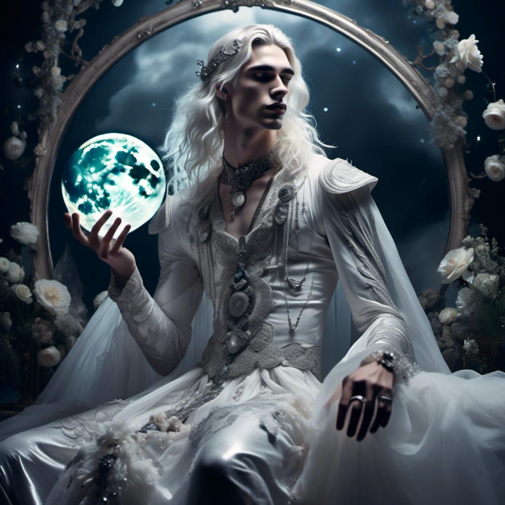 Moon God in Silver Dress with Full Moon