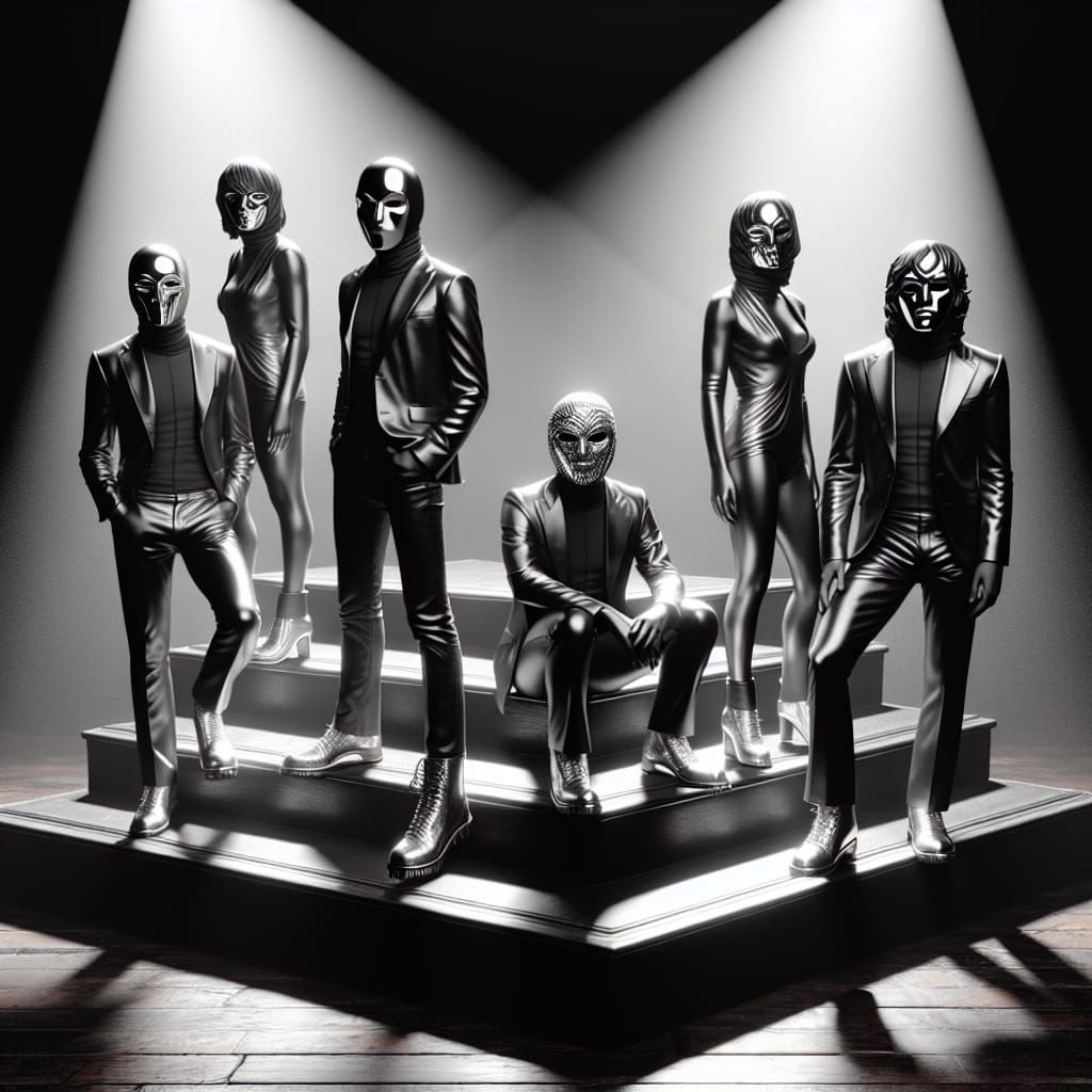 Silver Masked Figures on a Dark Stage
