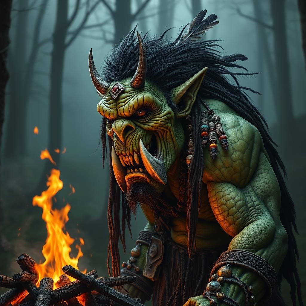Photorealistic Orc Warrior in Misty Forest