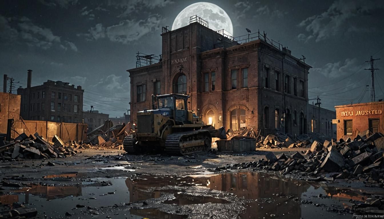 Grimdark 1940s Wasteland: Ruined Police Station by Moonlight