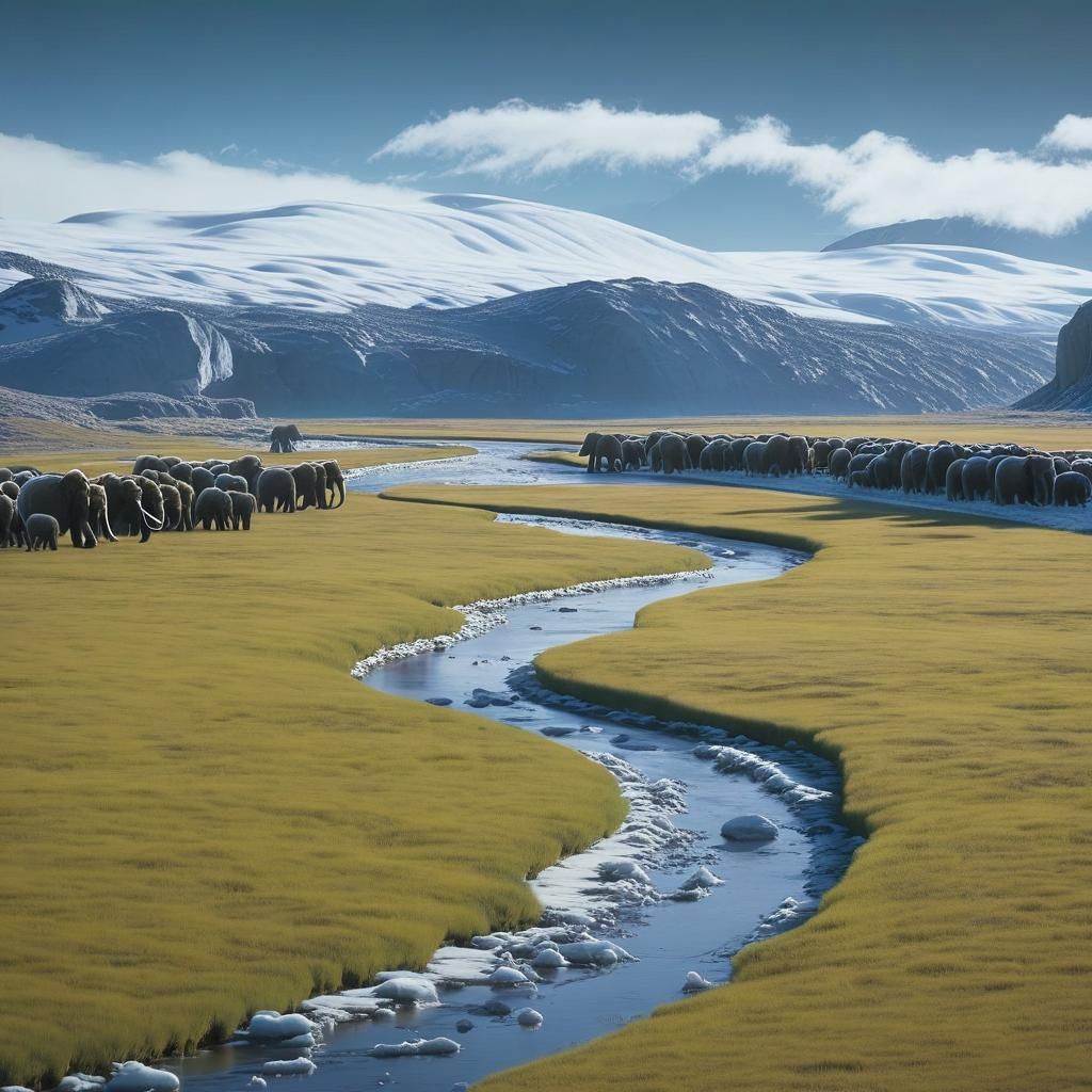 Mammoth Migration Across Snowy Ice Age Tundra