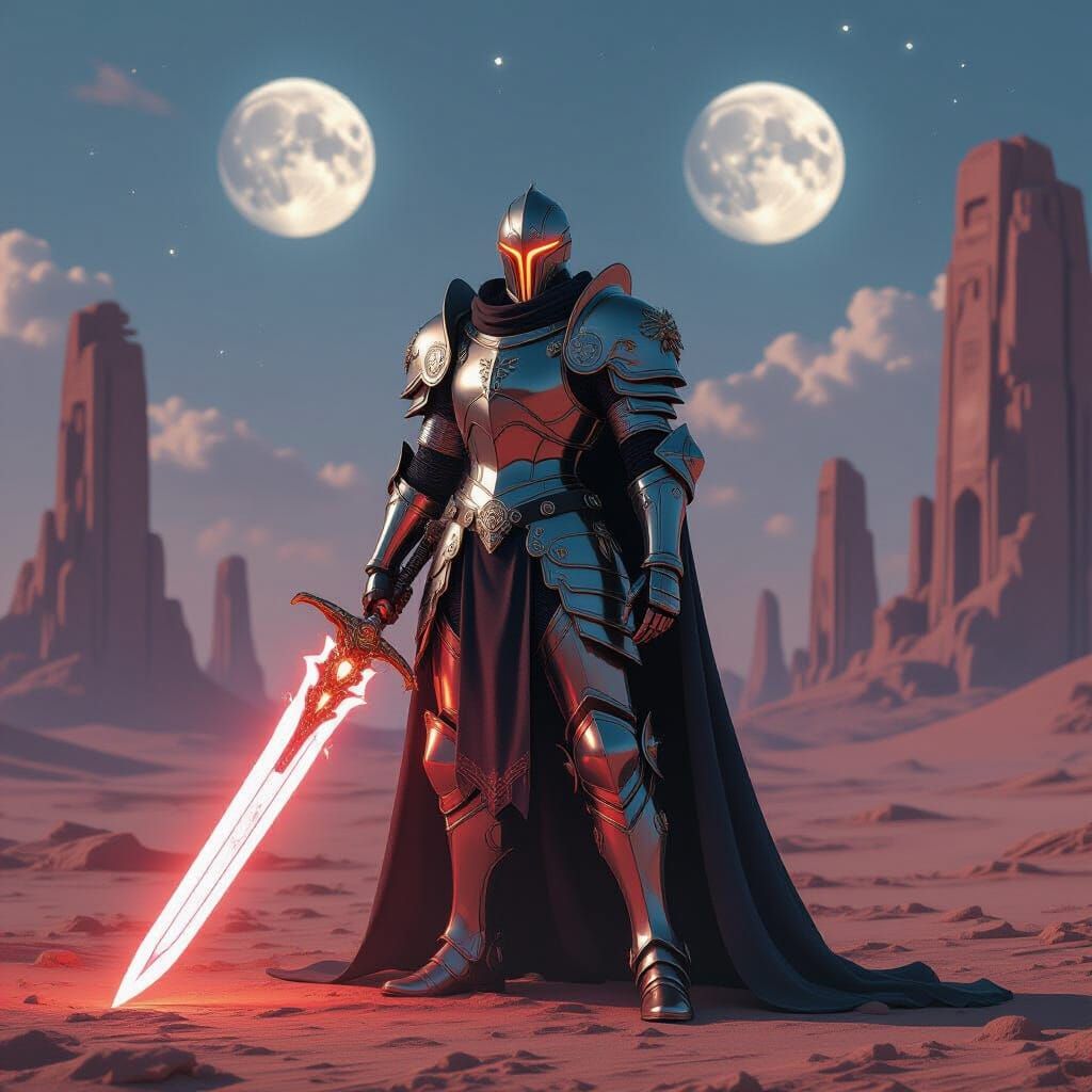 Futuristic Knight on Alien World with Two Moons