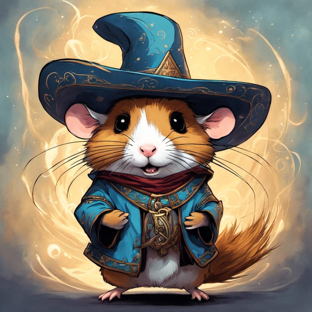 Hamster Wizard with Sombrero and Magic in Inkpunk Style