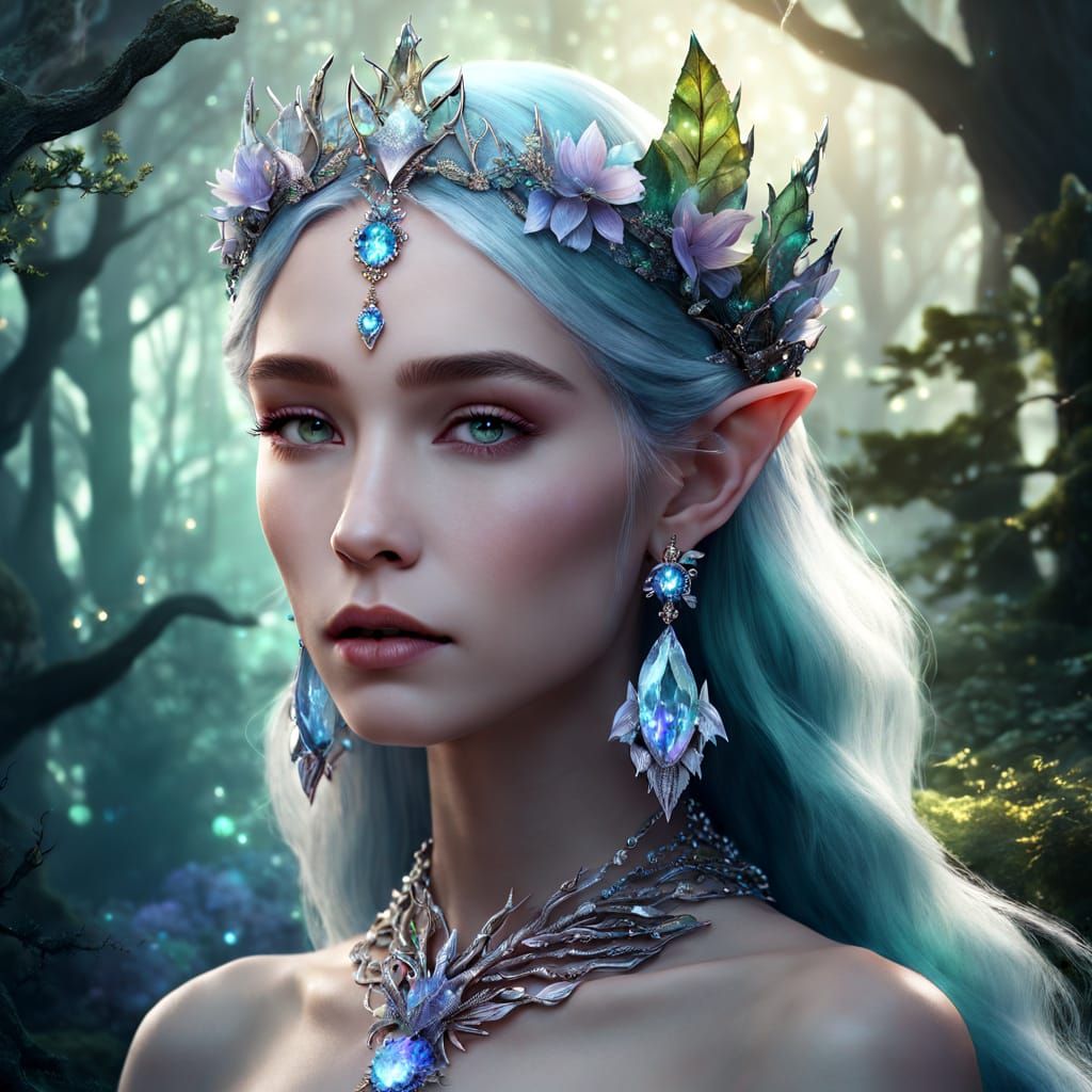 Ethereal Elf Queen in Hyperrealistic Digital Portrait