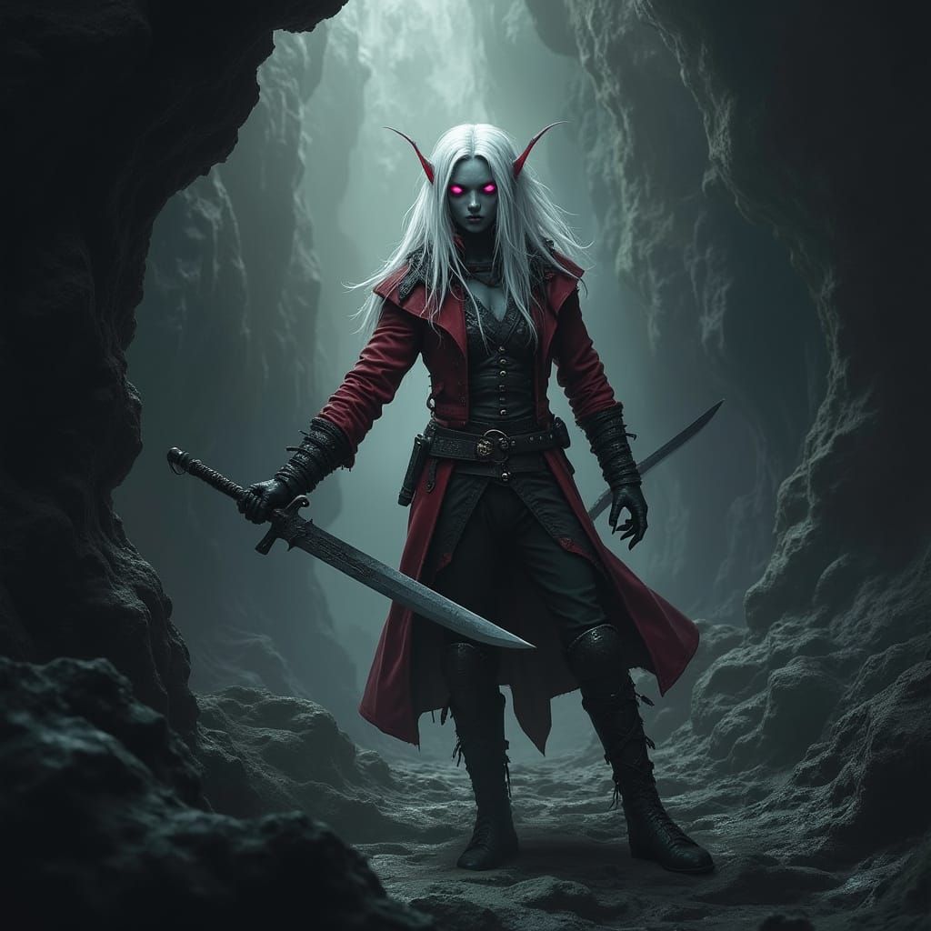 Drow Elf Lost in Gothic Underground City