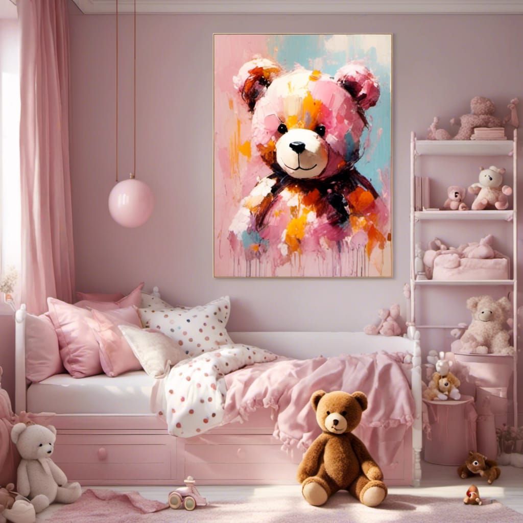 A bright oil painting of a teddy bear. with thick impasto th...