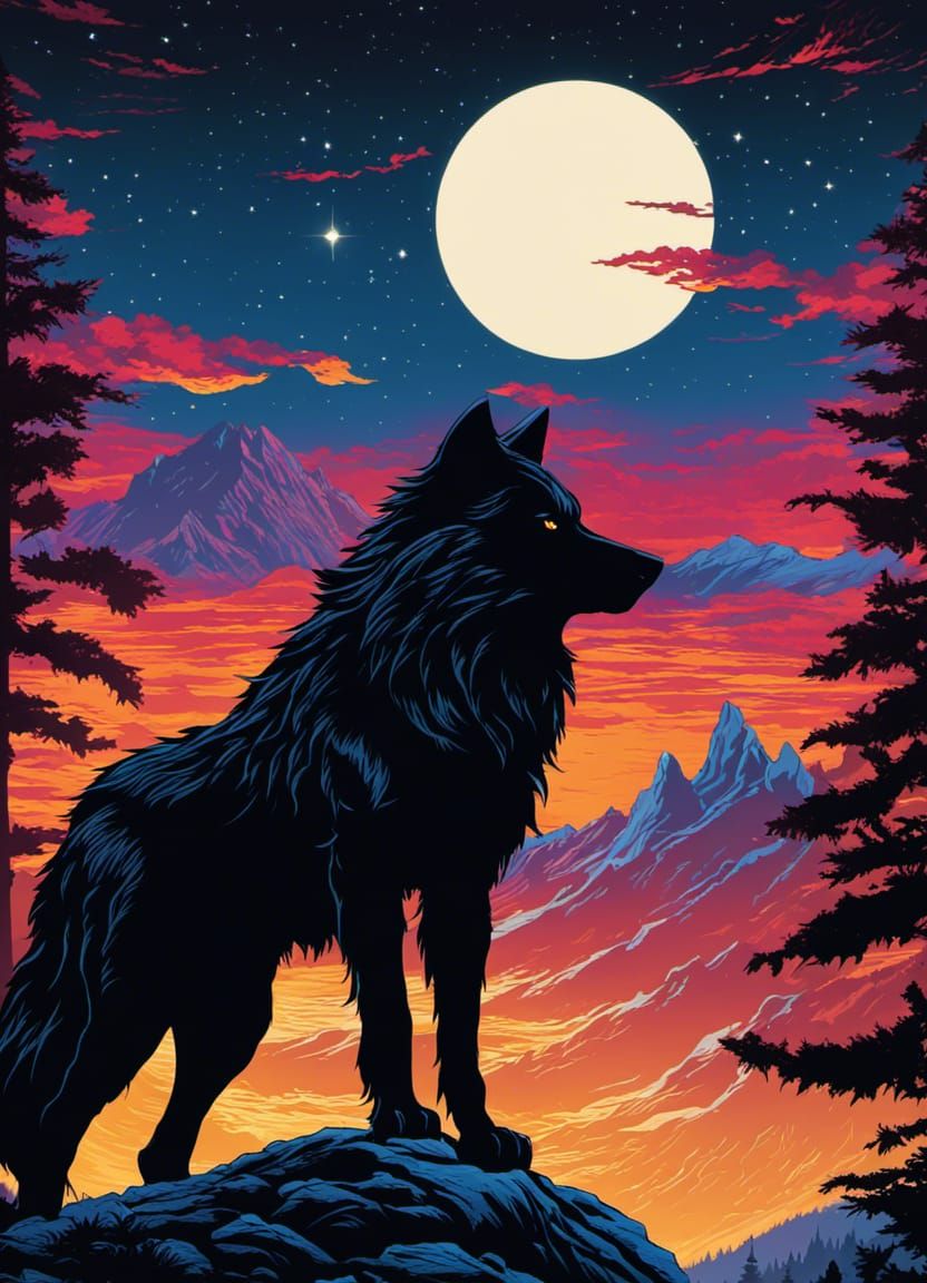 Black Werewolf Silhouette in Gothic Comicbook Style