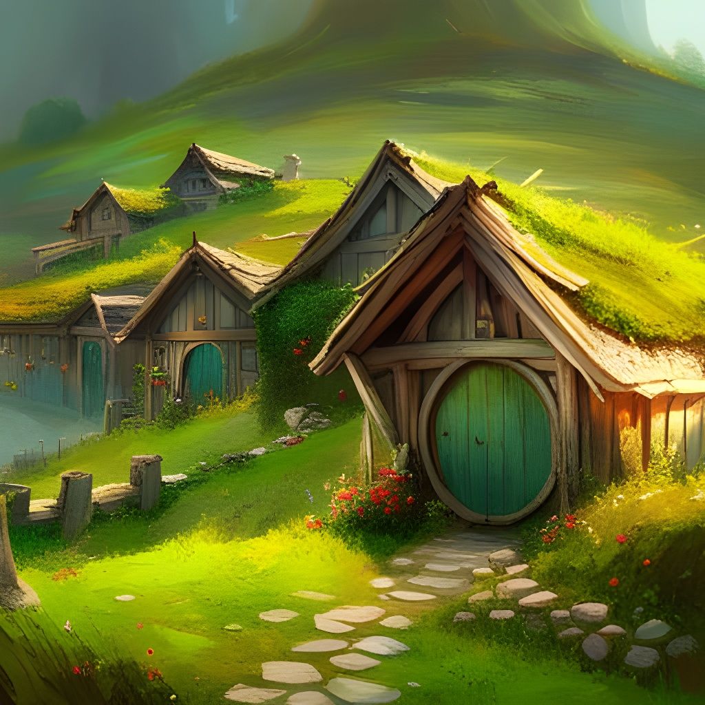 Charming Hobbit Village in Green Countryside: Digital Art