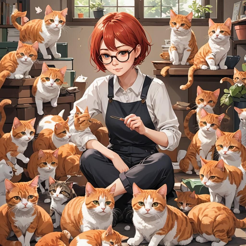 Anime Girl with Cats in Manga Style