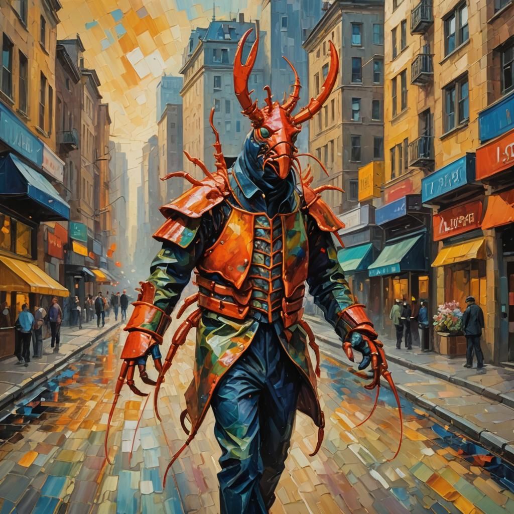 Lobster King Marches in Neo-Impressionist Cityscape