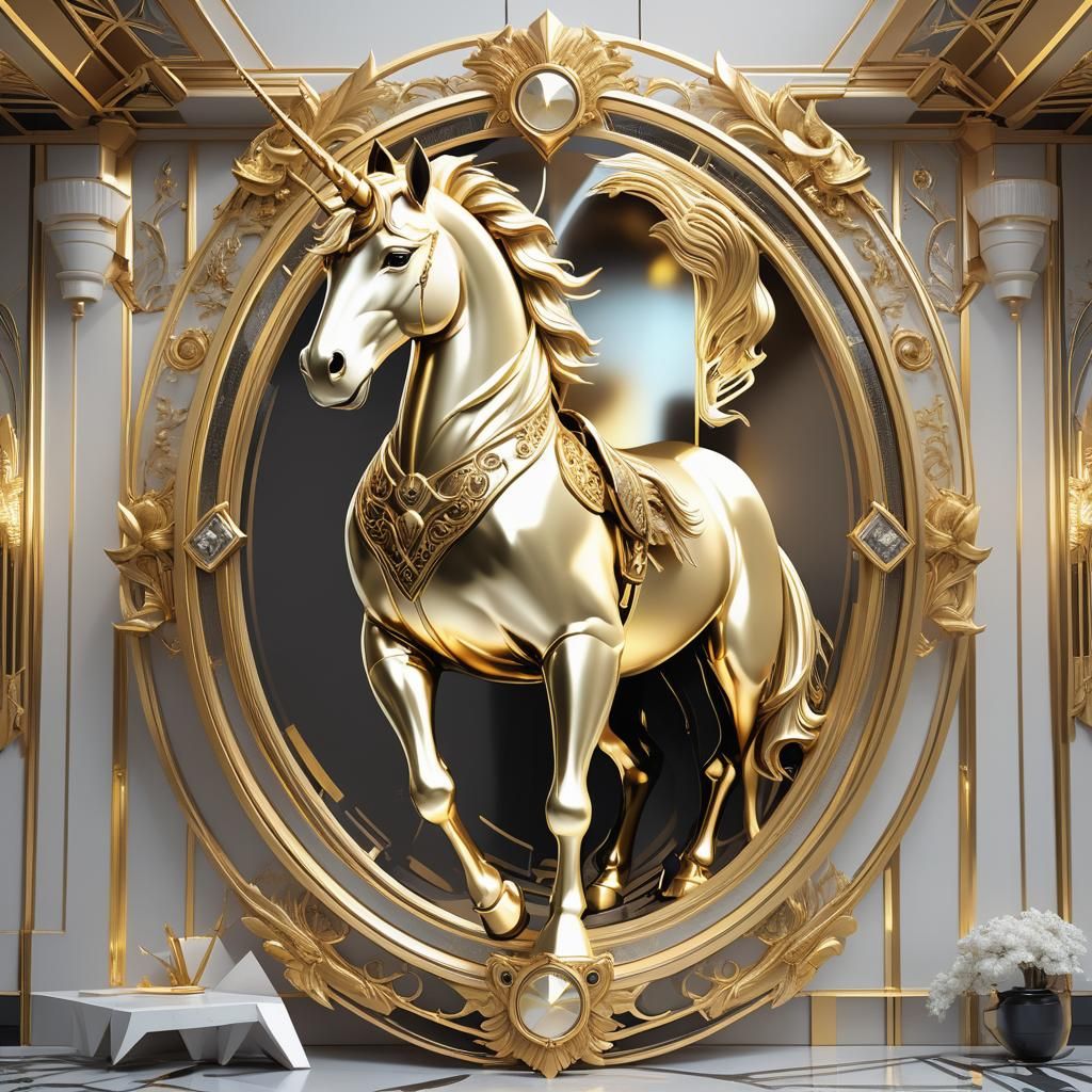 Golden Unicorn in Art Deco Frame: 3D Anime Art