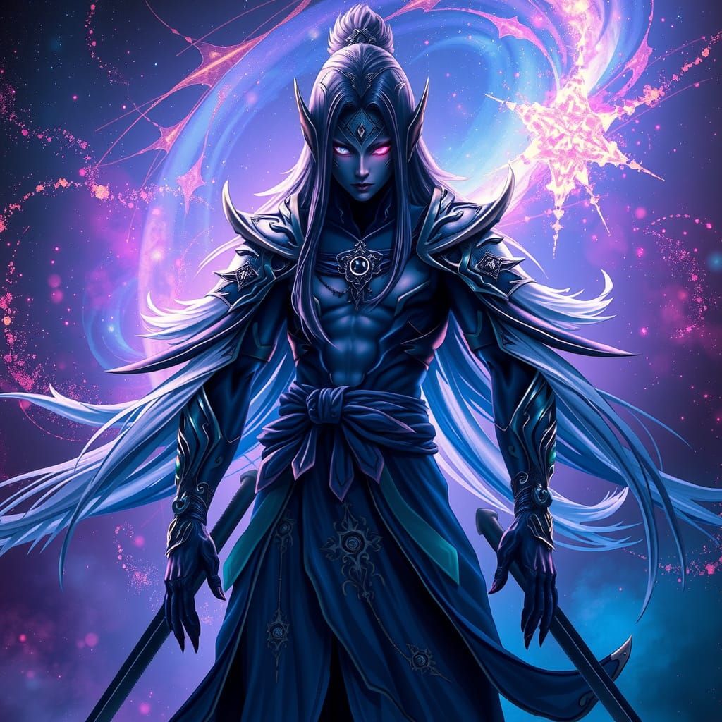 Majestic Drow Elf Samurai Embodies Cosmic Balance in Vibrant...