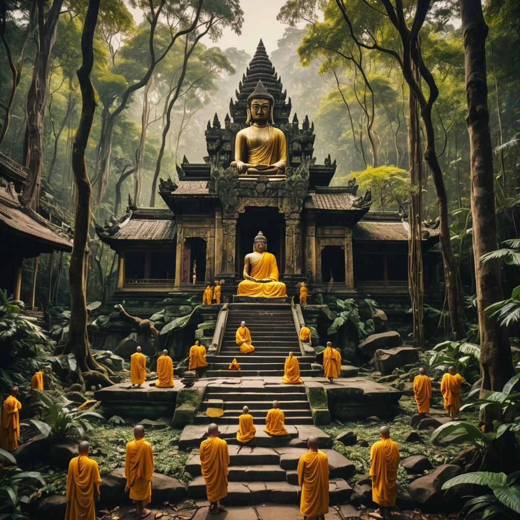 Jungle Temple with Monks in Cinematic Lighting