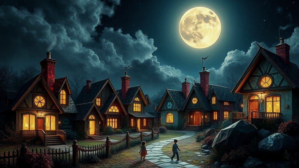 Gemstone Village Under a Glowing Moon