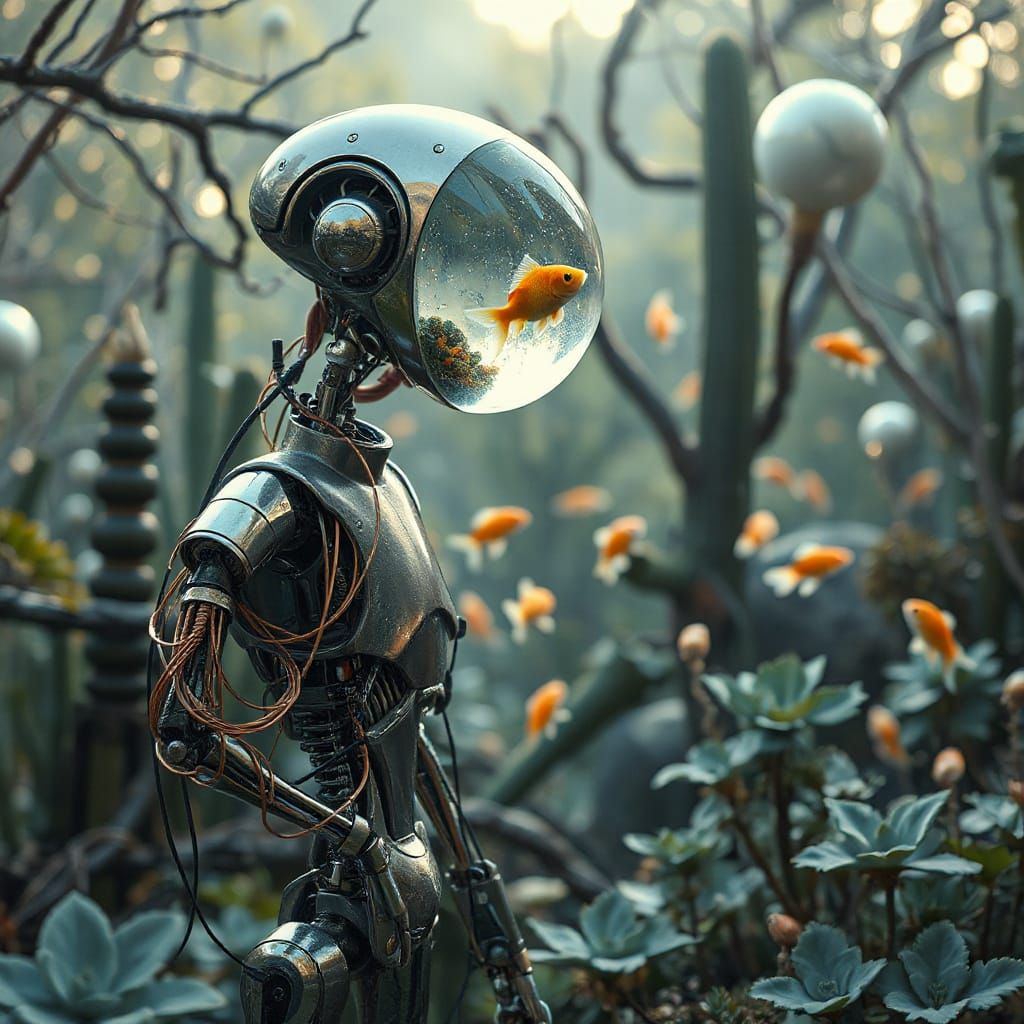 Futuristic Robot With Aquatic Head in Ethereal Garden