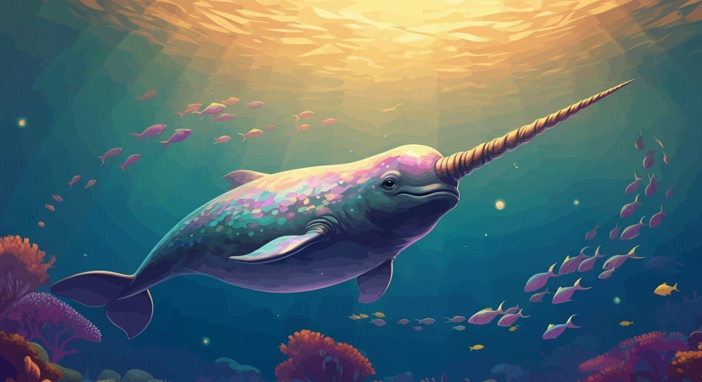 Iridescent Narwhal in Dreamlike Ocean, Bioluminescent Fish