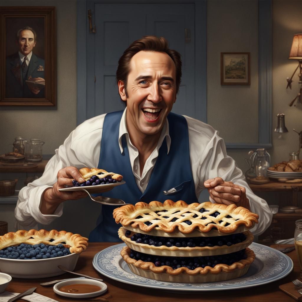 Humorous Blueberry Pie Feast in Rockwell Style