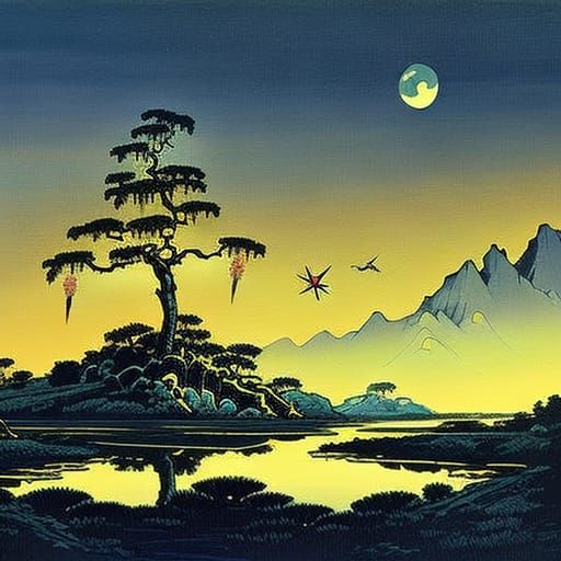 Japanese Cottage at Night, Digital Illustration